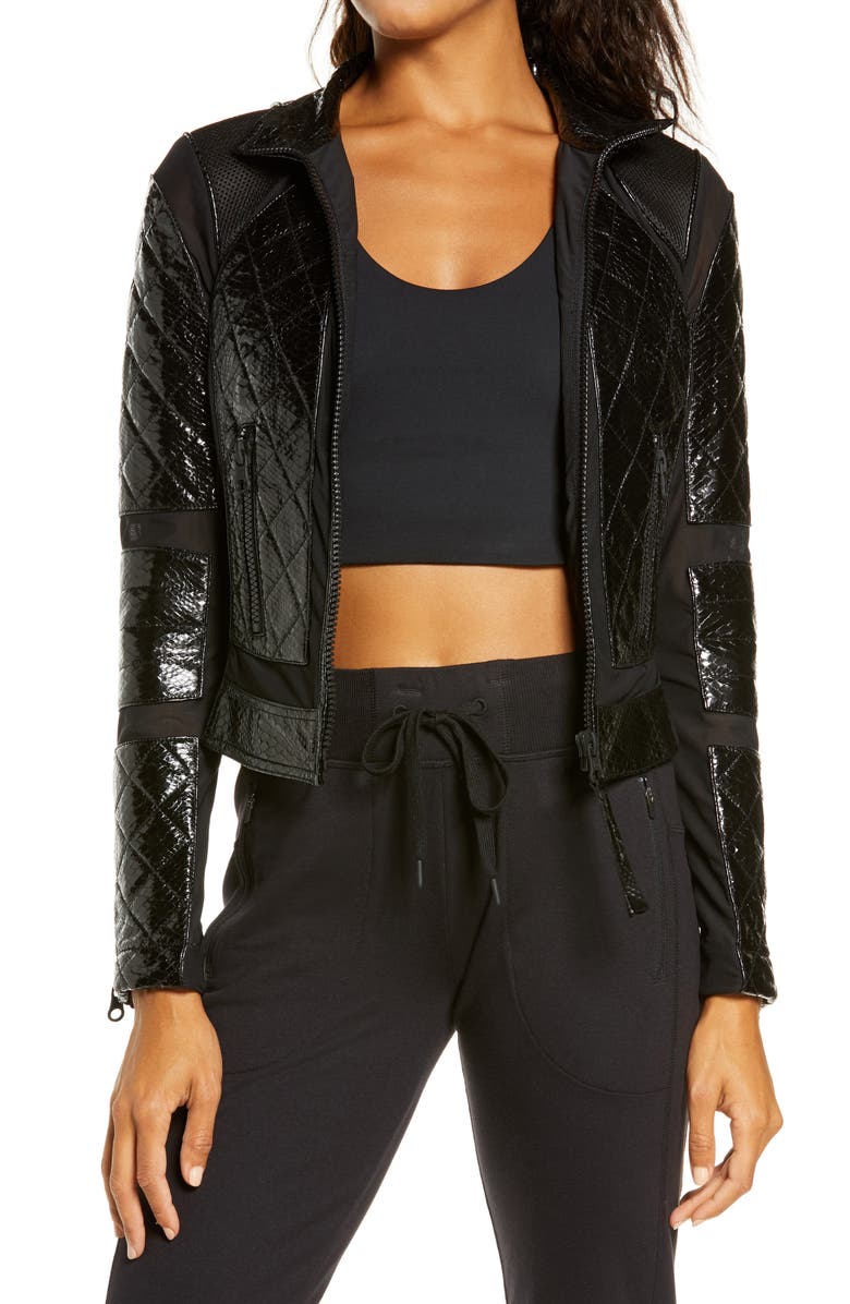 Blanc Noir Quilted Snake Embossed Faux Patent Leather & Mesh Moto Jacket, Alternate, color, 