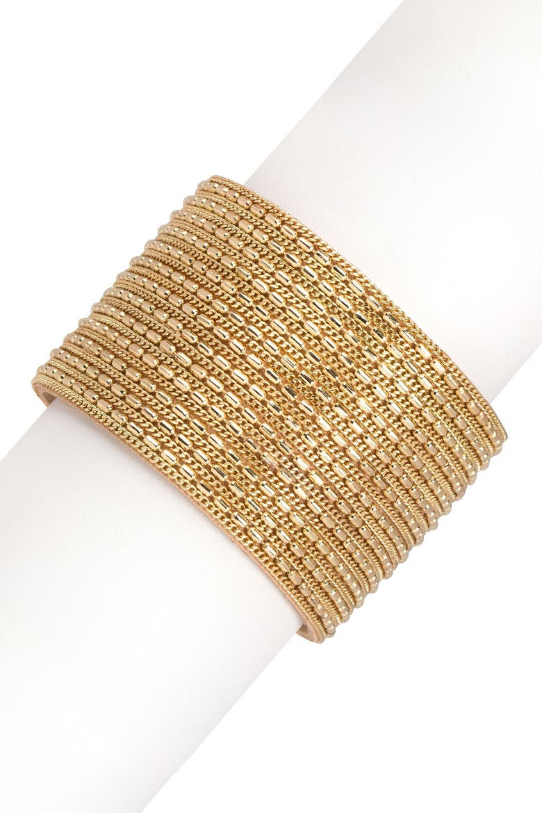 Rock n' Roll Chain & Leather Cuff Bracelet, Alternate, color, GOLD