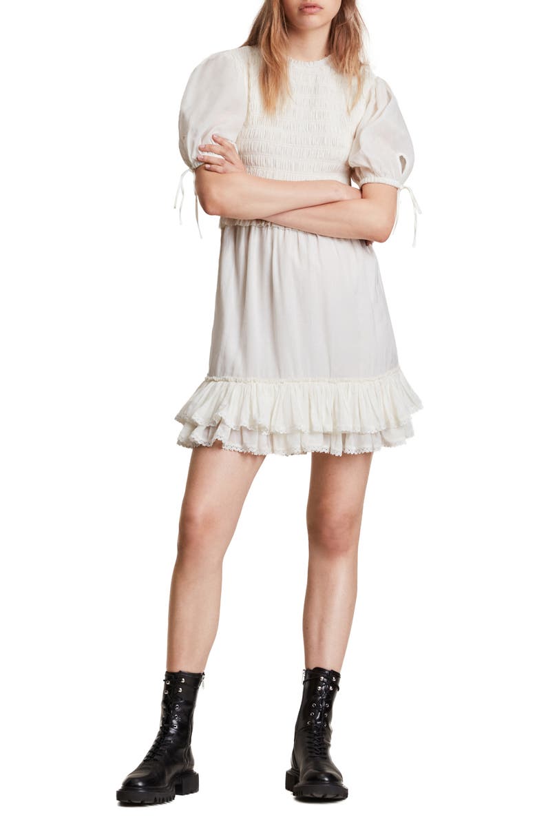 AllSaints Jaya Smocked Ruffle Minidress | Nordstromrack