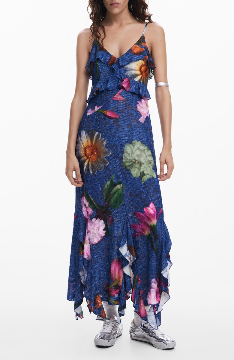 Desigual Ruffle Maxi Slipdress, Main, color, Navy Blue