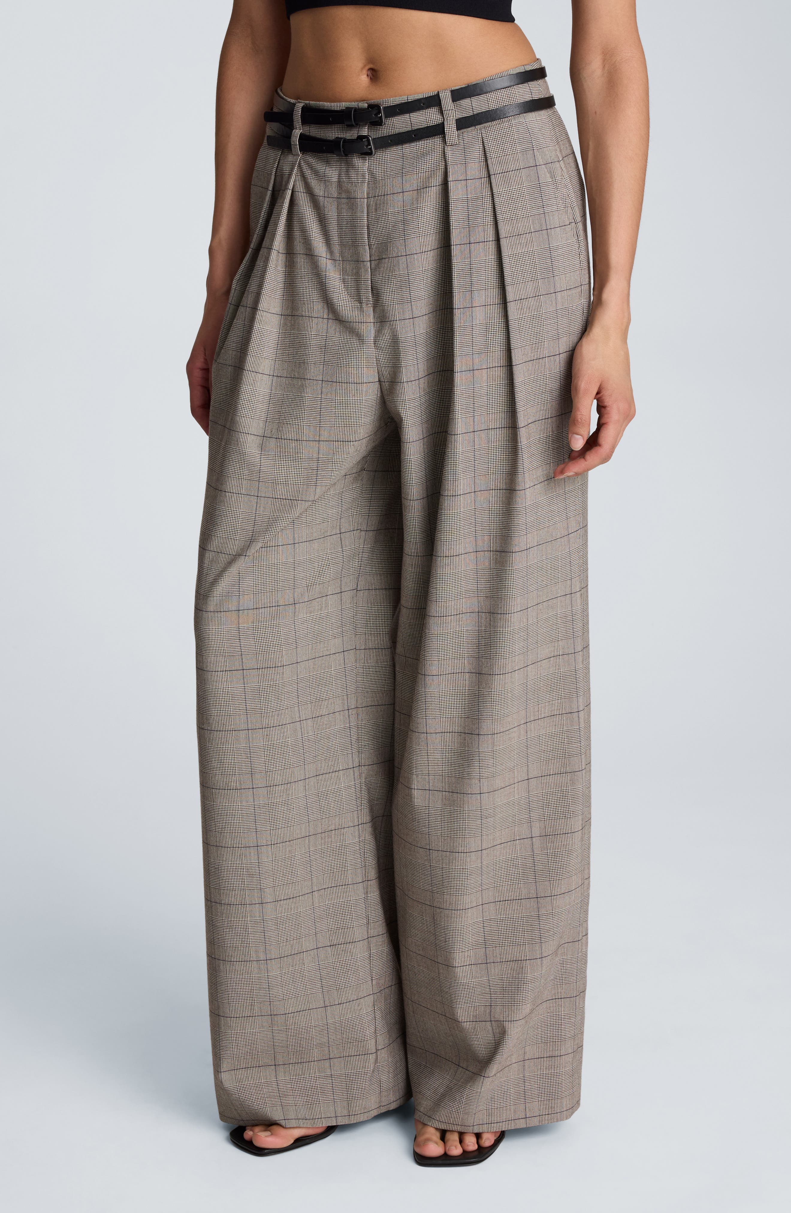 High Waist Double Belt Wide Leg Pleated Trousers