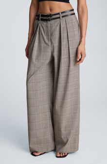 High Waist Double Belt Wide Leg Pleated Trousers