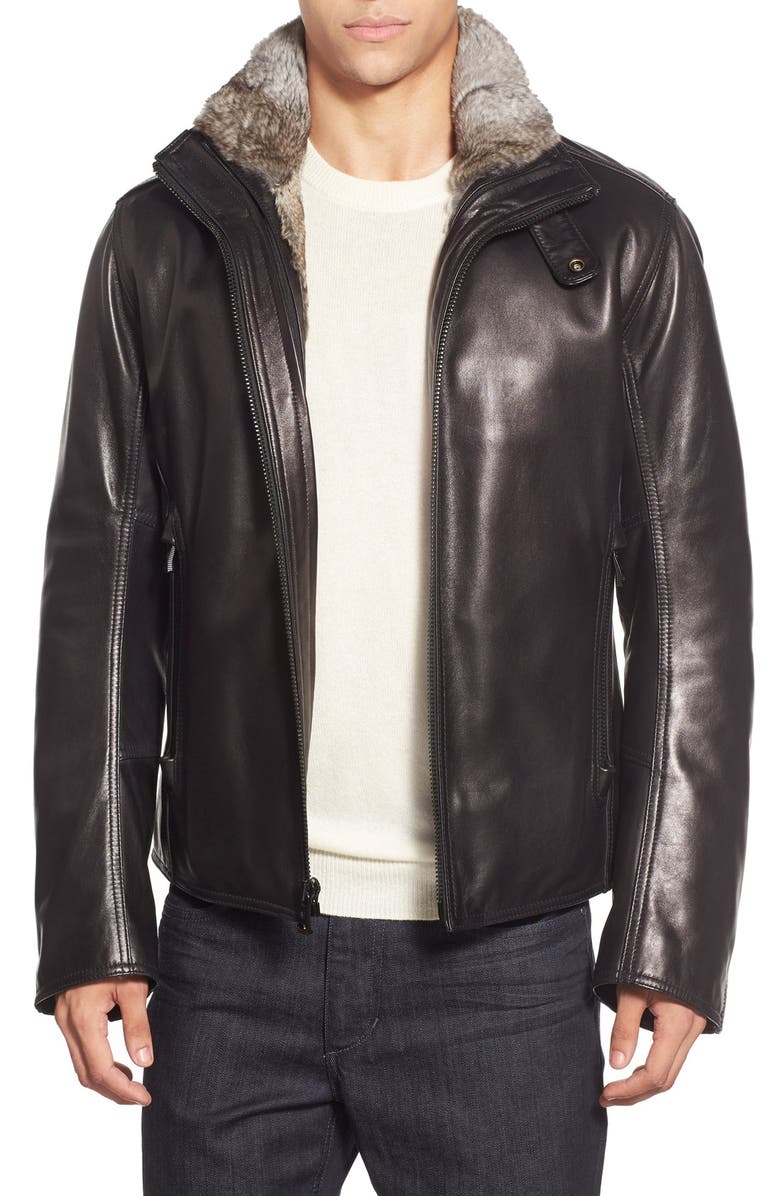 Andrew Marc Marc New York by Andrew Marc 'Flycroft' Leather Moto Jacket with Genuine Rabbit Fur Lining, Main, color, 
