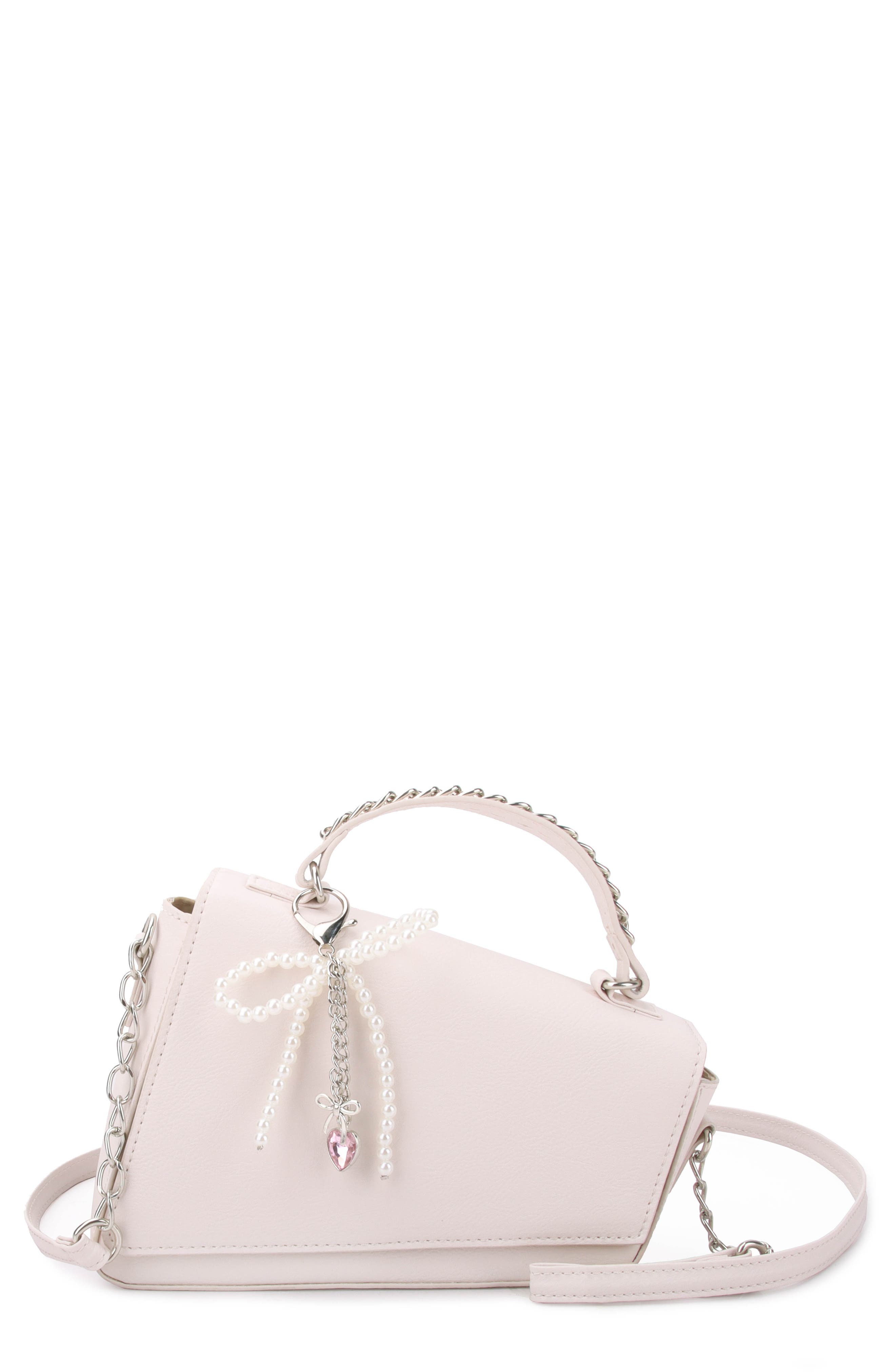 OMG Accessories Bow Angled Flap Faux Leather Crossbody Bag, Main, color, Light Tan