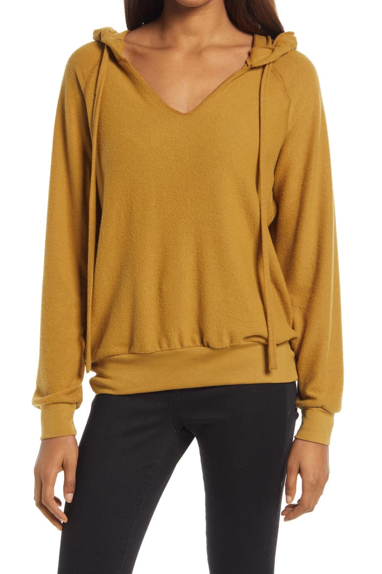 Cozy V-Neck Hooded Sweatshirt, Main, color, TAN CUMIN