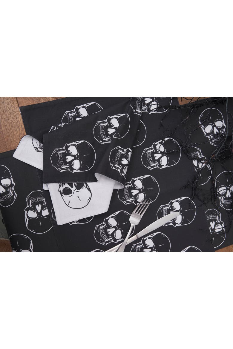 Skully Pattern Motifs Black & White 100% Cotton Set of 6 Halloween Placemats 14" x 20", Alternate, color, Black