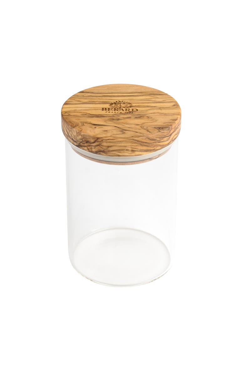 Glass Storage Jar With Olive Wood Lid, 20-ounce, Main, color, Brown
