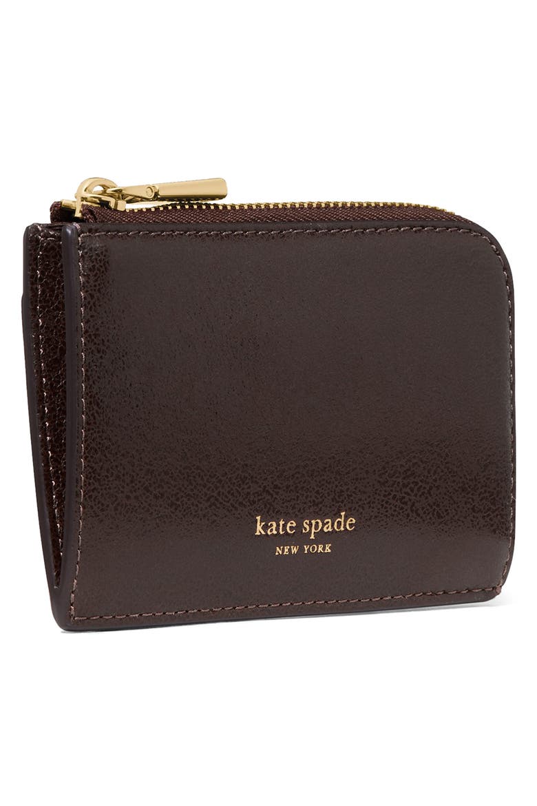 mini glazed leather zip card case, Alternate, color, HOT FUDGE