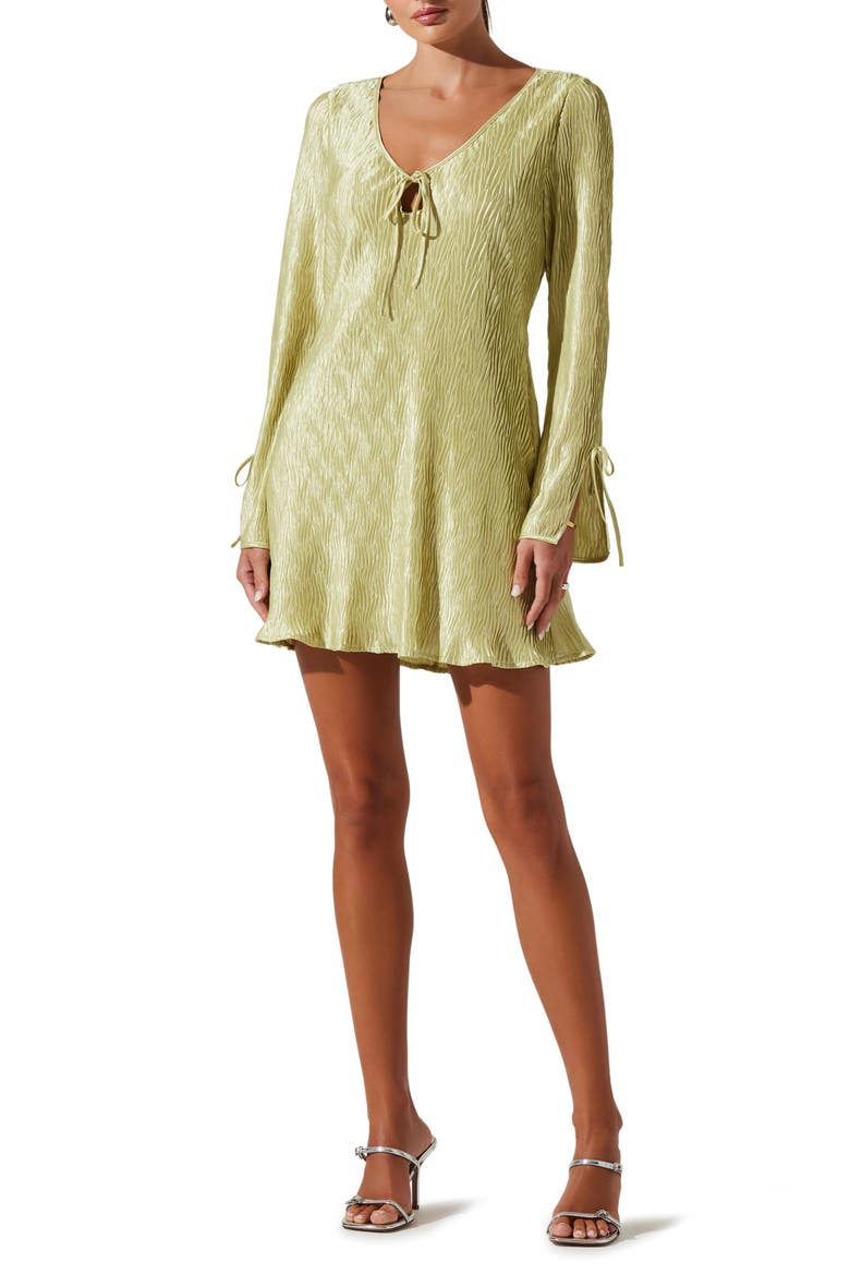 Long Sleeve Plissé Minidress, Main, color, CELERY