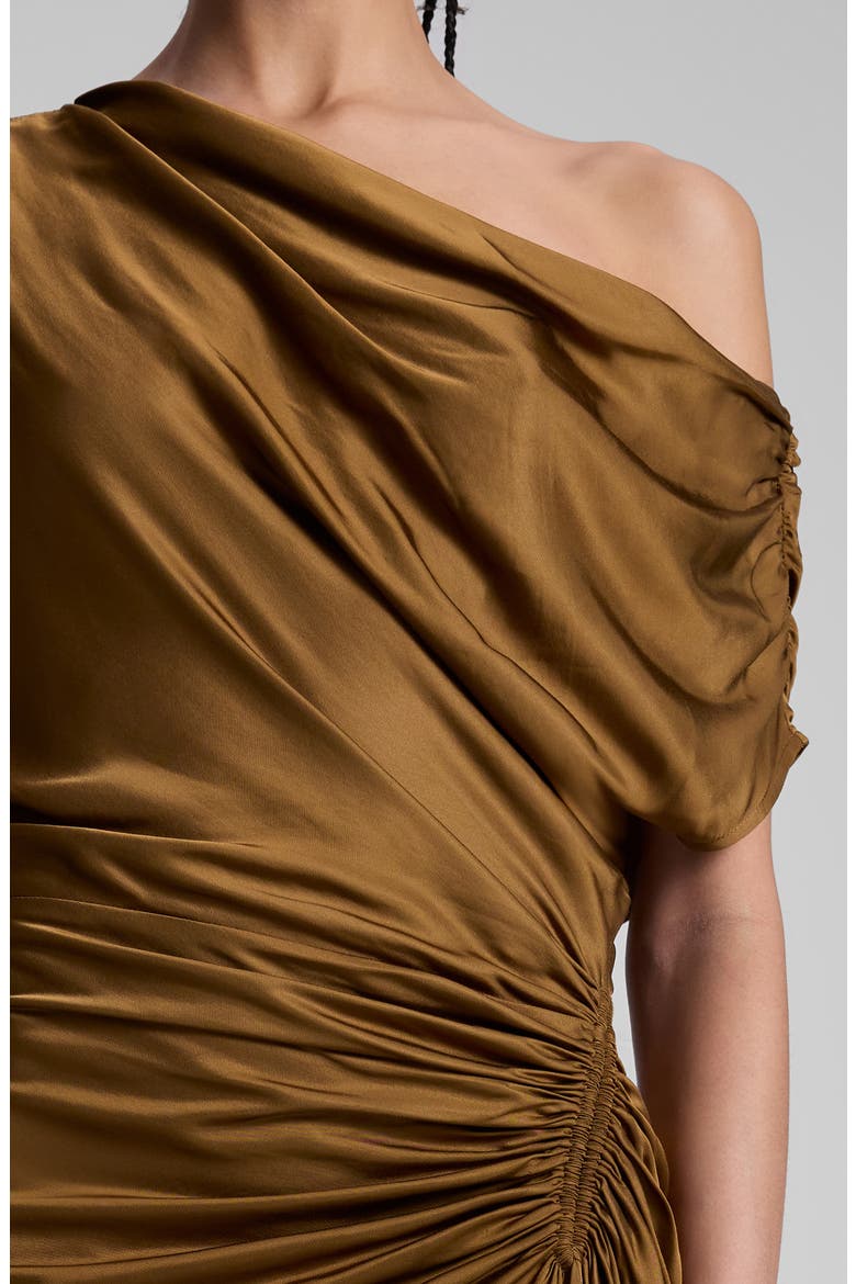Penny Ruched One-Shoulder Satin Gown, Alternate, color, MOCHA