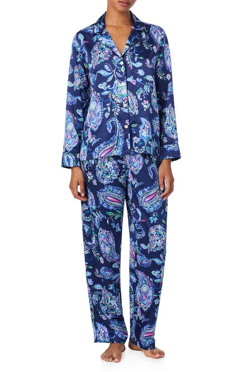 Print Recycled Polyester Blend Satin Long Pajamas