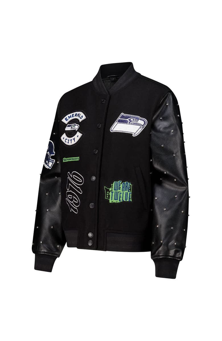 THE WILD COLLECTIVE Women's The Wild Collective Black Seattle Seahawks Varsity Full-Snap Sparkle Jacket, Alternate, color, Black