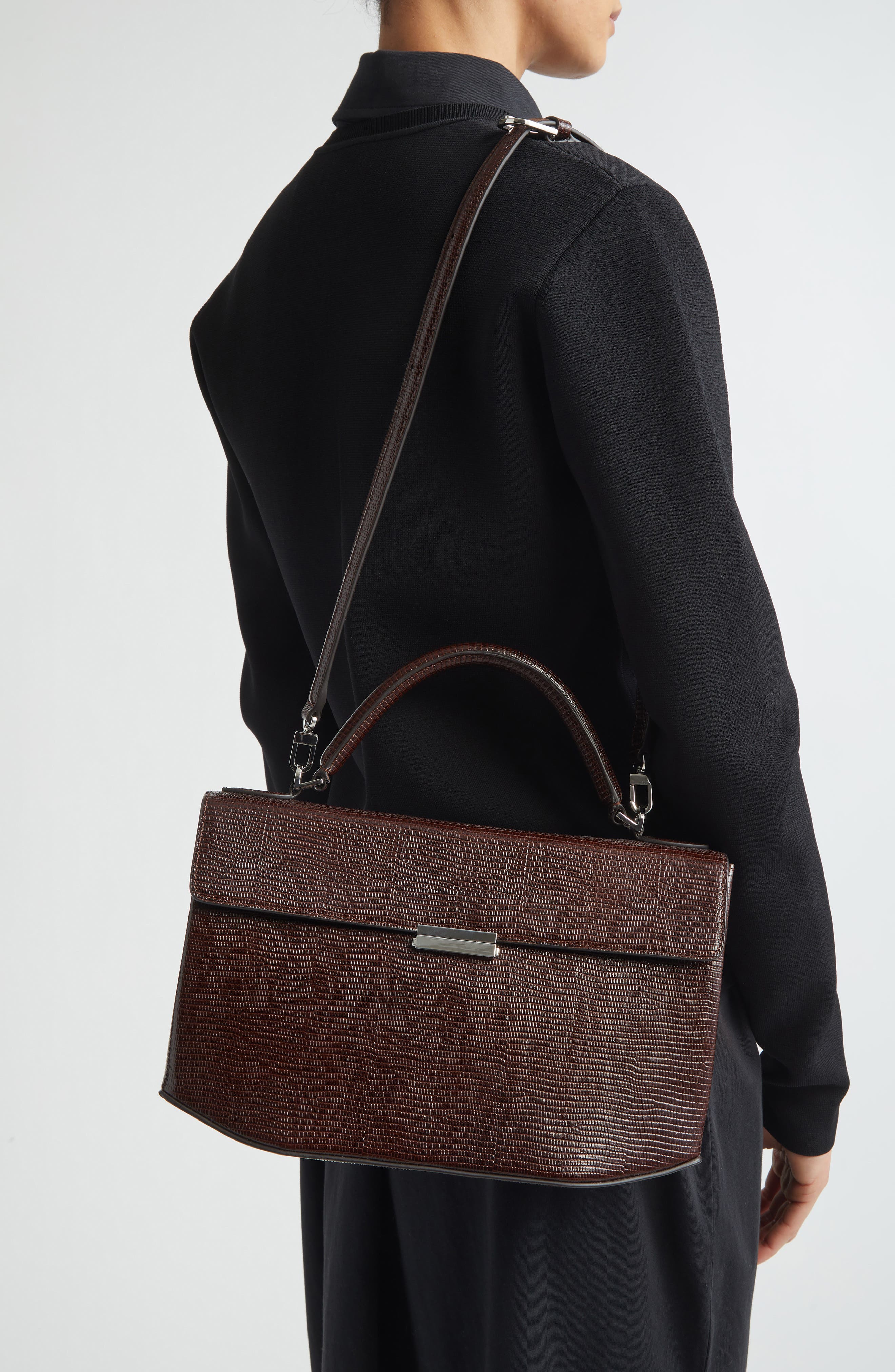 Clip Lizard Embossed Leather Top Handle Bag, Alternate, color, BROWN
