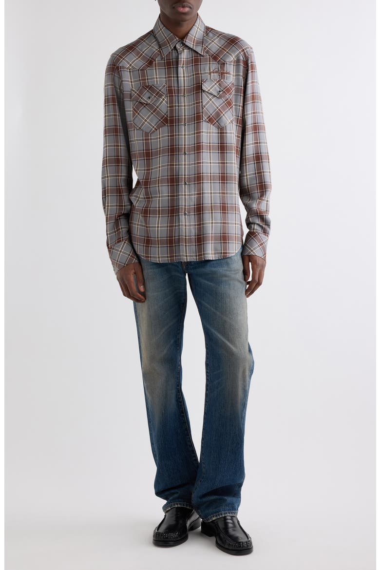 Surrow Embroidered Logo Plaid Flannel Western Shirt, Alternate, color, MULTI GREY