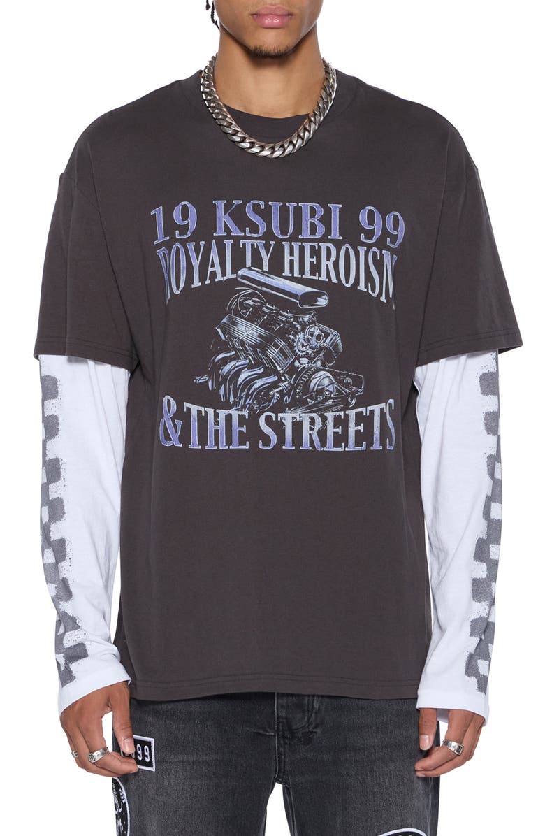 Ksubi Engine Layered Long Sleeve Graphic T-Shirt, Main, color, Black