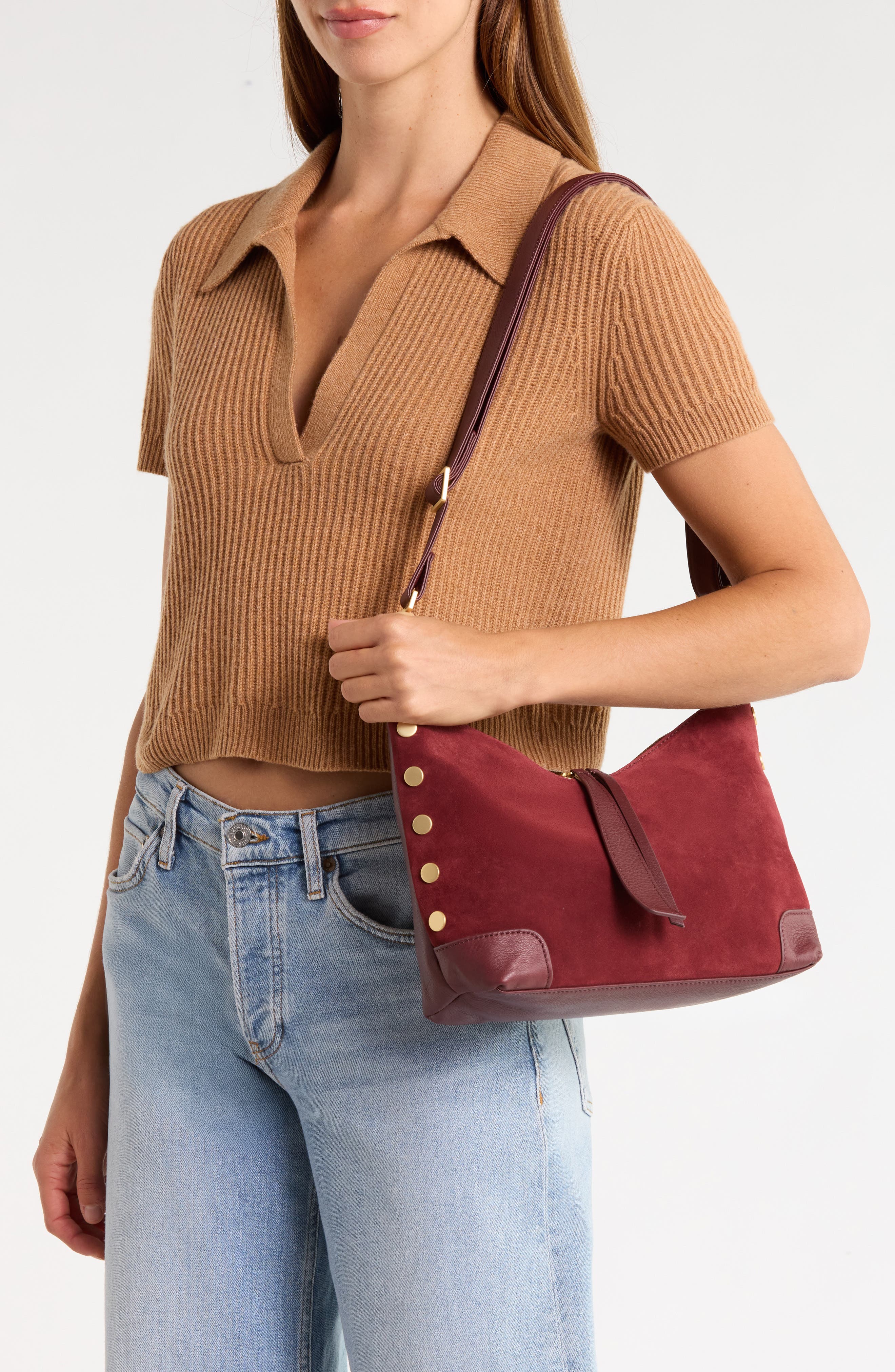 Grace Medium Suede Shoulder Bag, Alternate, color, CHERRYWOOD SUEDE/BRUSHED GOLD