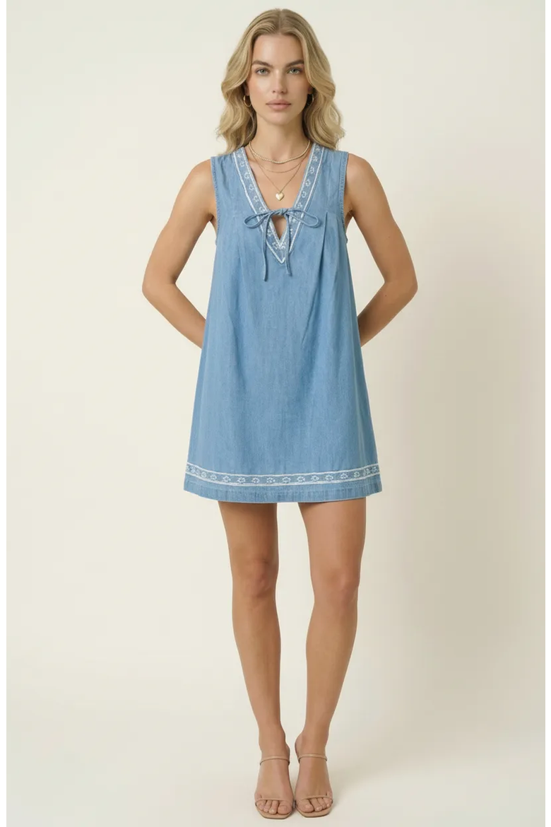 Sleeveless Mini Dress with Embroidered Trim and Tie Front Detail, Alternate, color, Blue