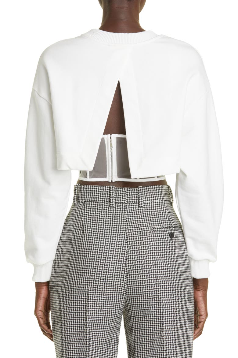 Crop Cotton Sweatshirt with Sheer Corset Inset, Alternate, color, IVORY
