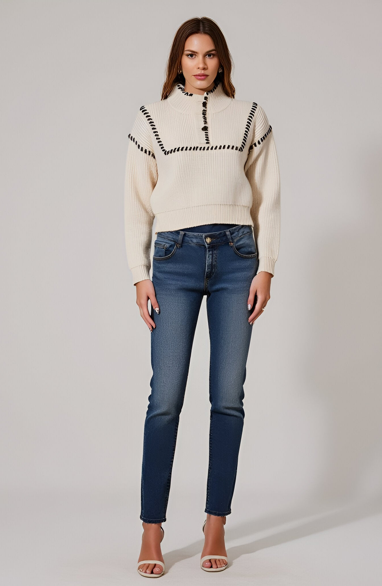 Modenaire Cropped Sweater with Whipstitch Detail, Alternate, color, Cream