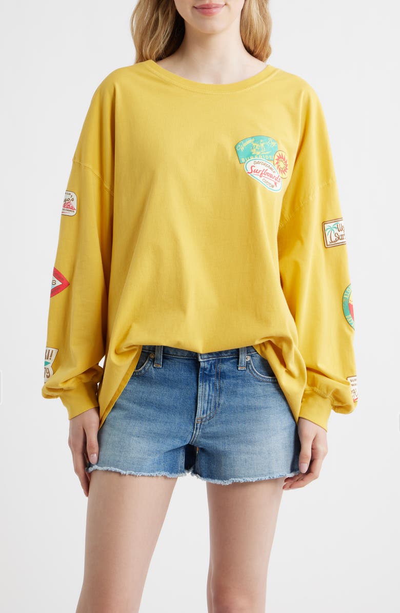 Daydreamer Surf Patches Long Sleeve Graphic T-Shirt, Main, color, Yellow Honey