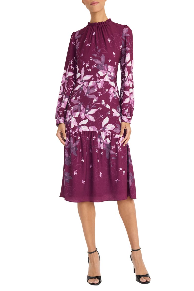Floral Long Sleeve Midi Dress, Main, color, RASPBERRY/ MAUVE
