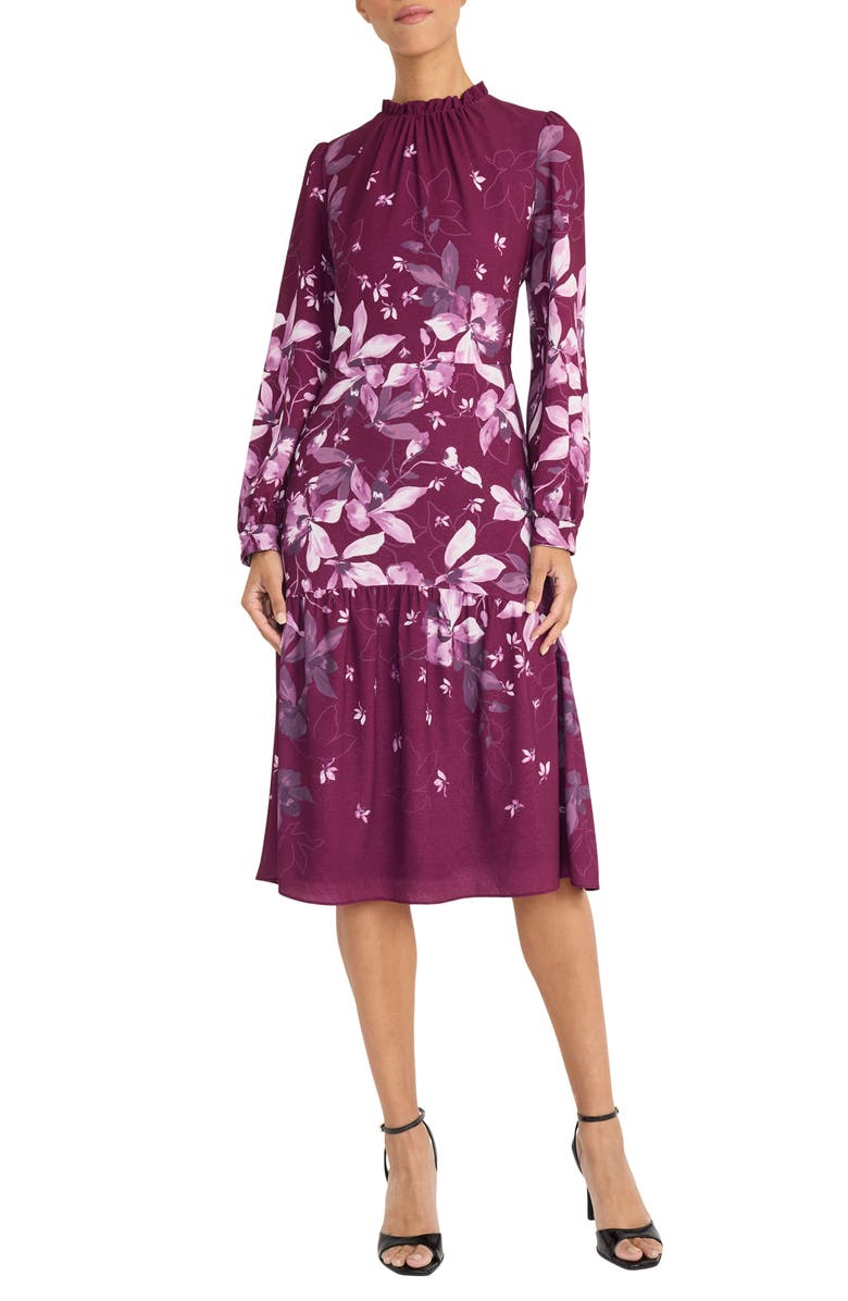 Maggy London Floral Long Sleeve Midi Dress, Main, color, Raspberry/ Mauve