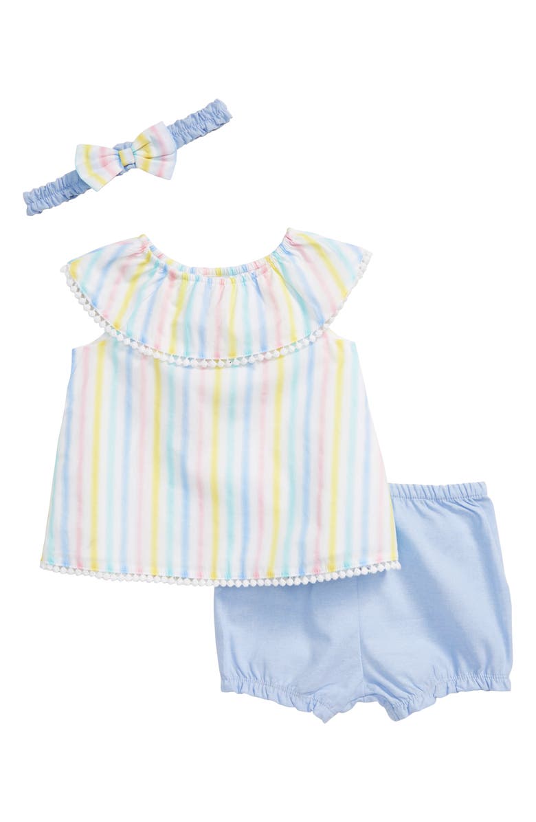 Little Me Stripe Shirt, Chambray Shorts & Headband Set, Main, color, 