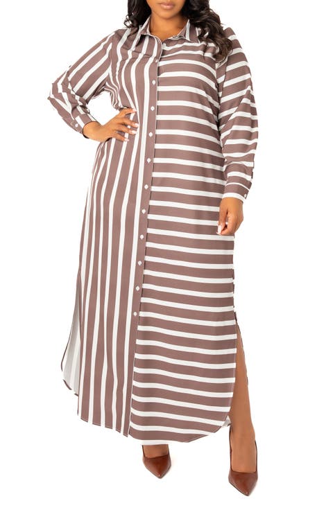Long Sleeve Button-Up Maxi Shirtdress (Plus)