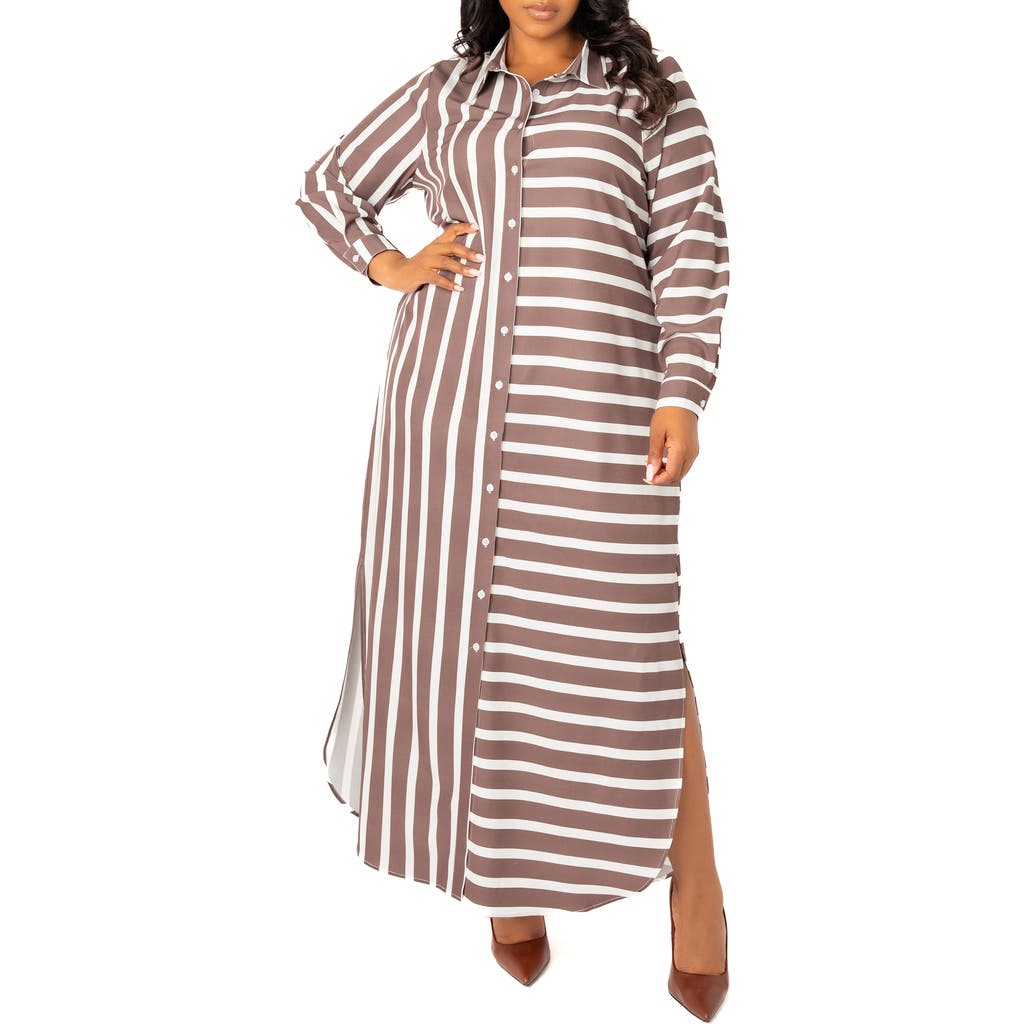 BUXOM COUTURE Long Sleeve Button-Up Maxi Shirtdress in Khaki