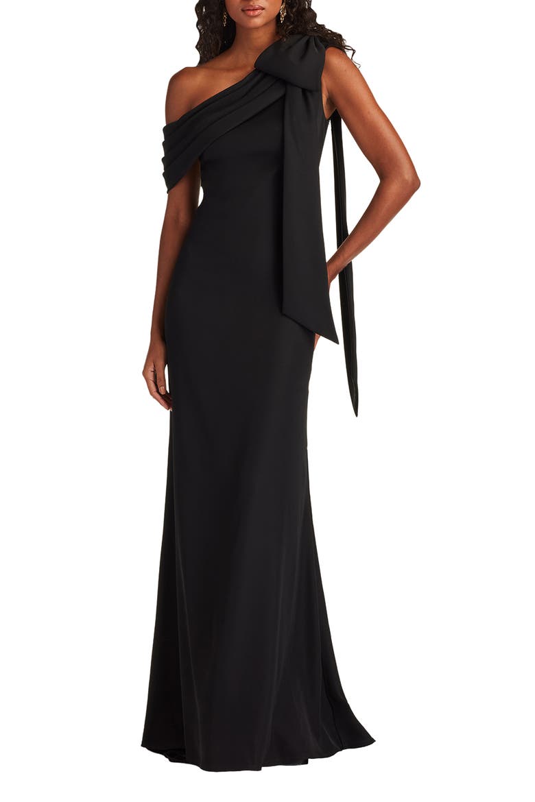 One-Shoulder Crepe Column Gown, Main, color, BLACK