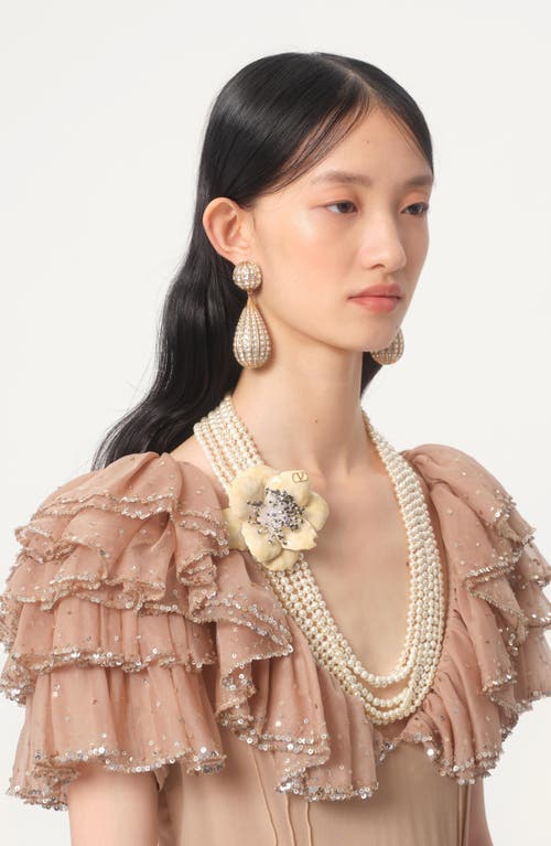 Valentino Garavani Fleur Lumineuse Necklace In Metal Enamel Pearls And Fabric Woman Multicolour Uni In Cream Multi