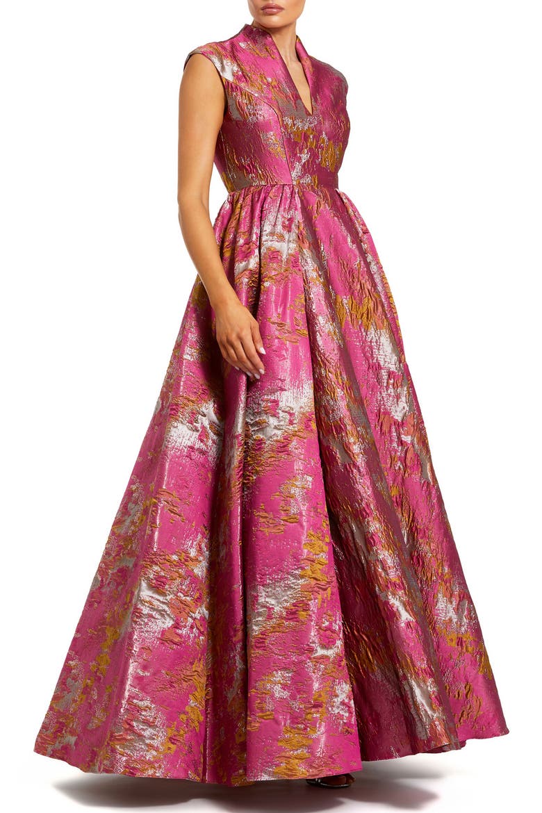 Women's Metallic Jacquard Ball Gown with Shawl Collar, Main, color, Raspberry Multi