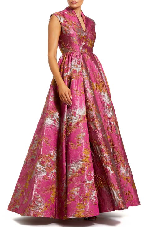 Women's Metallic Jacquard Ball Gown with Shawl Collar