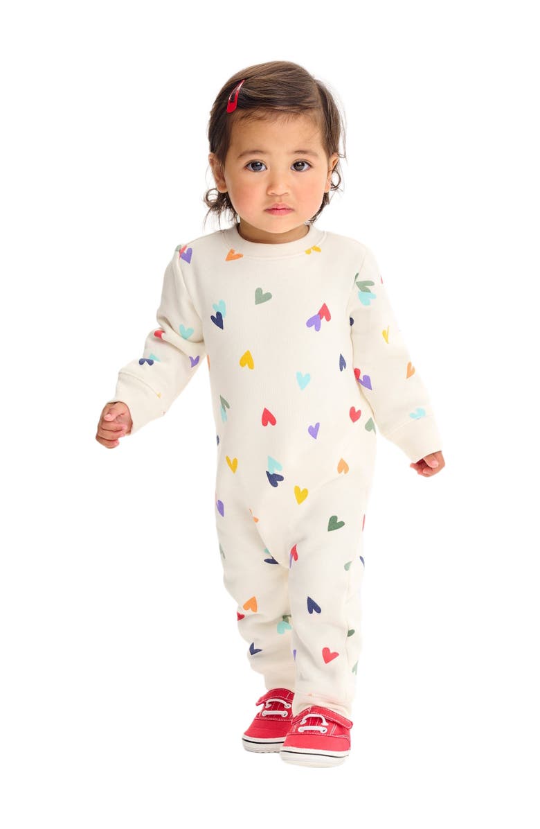 Primary Baby Cozy Fleece Sweatshirt Romper In Rainbow Confetti Hearts, Alternate, color, Oat