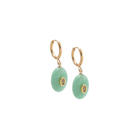 Oval Charm Bezel Natural Stone Drop huggie Earrings