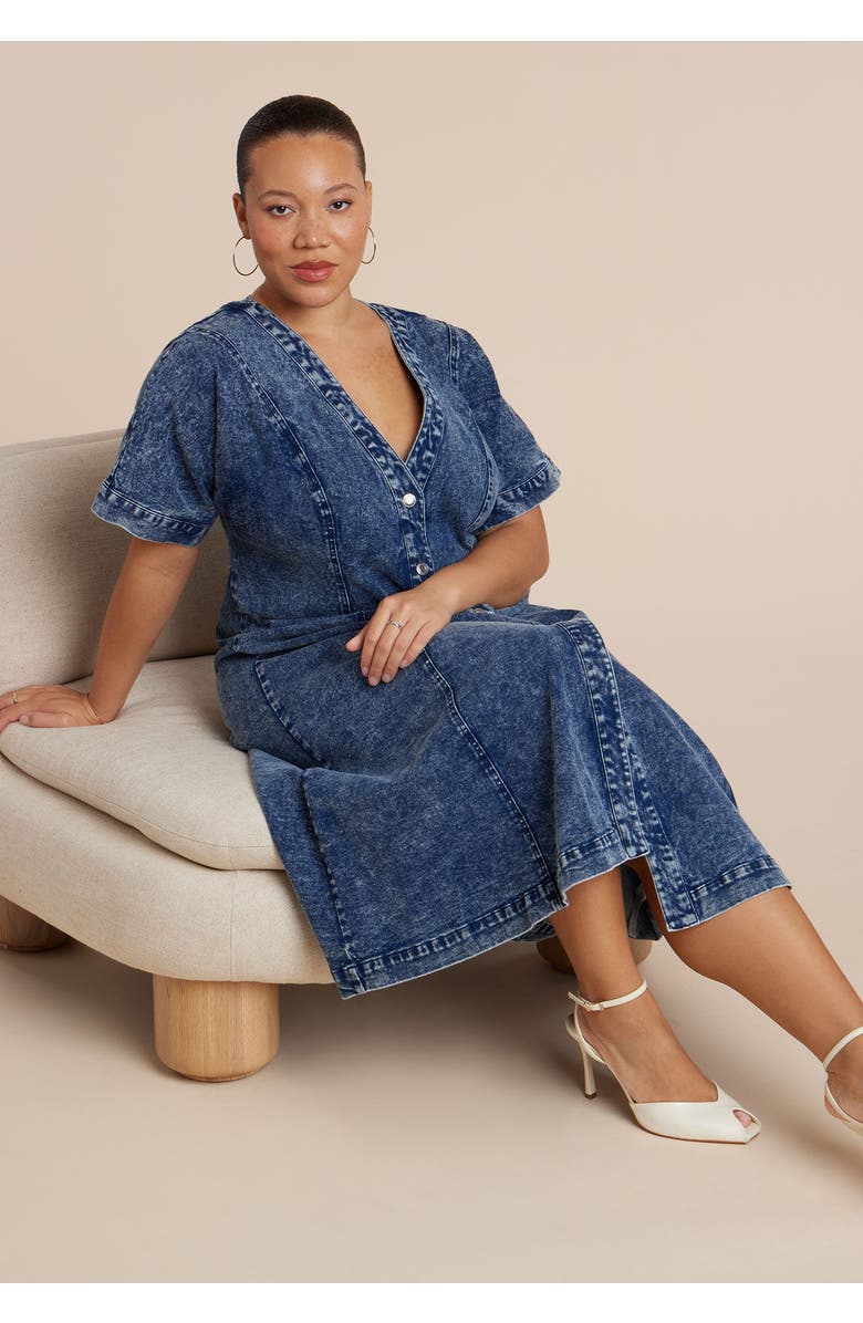 ELOQUII V Neck Flare Denim Dress, Alternate, color, Blue Snow Wash