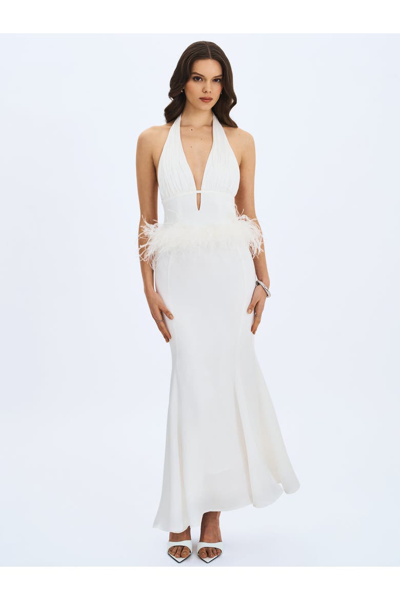 Solene Pleated Halter Backless Faux Feather Trim Maxi Dress, Alternate, color, White