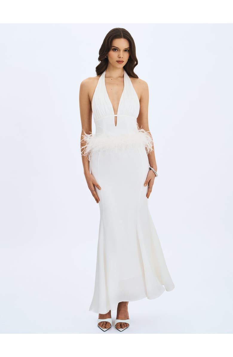 Miss Circle Solene Pleated Halter Backless Faux Feather Trim Maxi Dress, Alternate, color, White