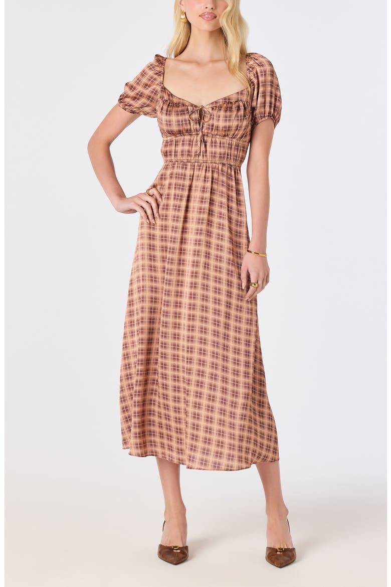 Nallely Puff Sleeve Midi Dress, Alternate, color, BROWN PLAID