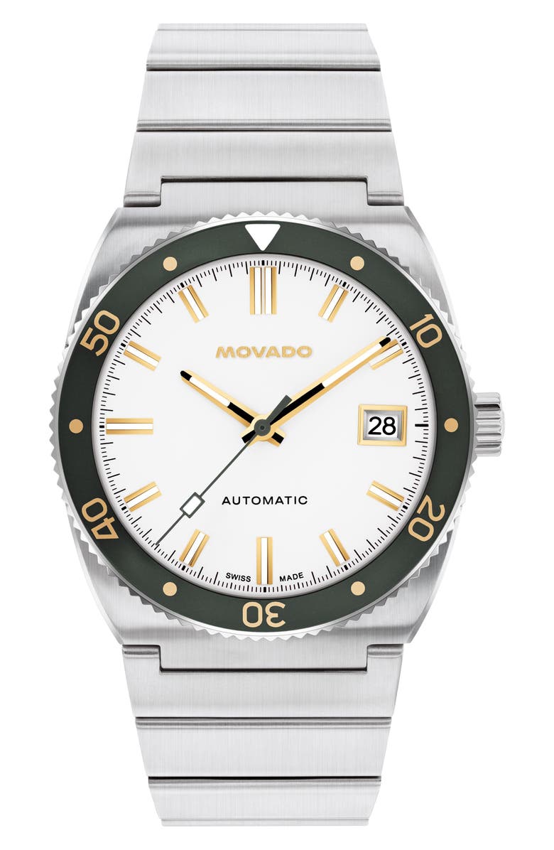 Movado Ondoplan Automatic Bracelet Watch, 39mm, Main, color, White