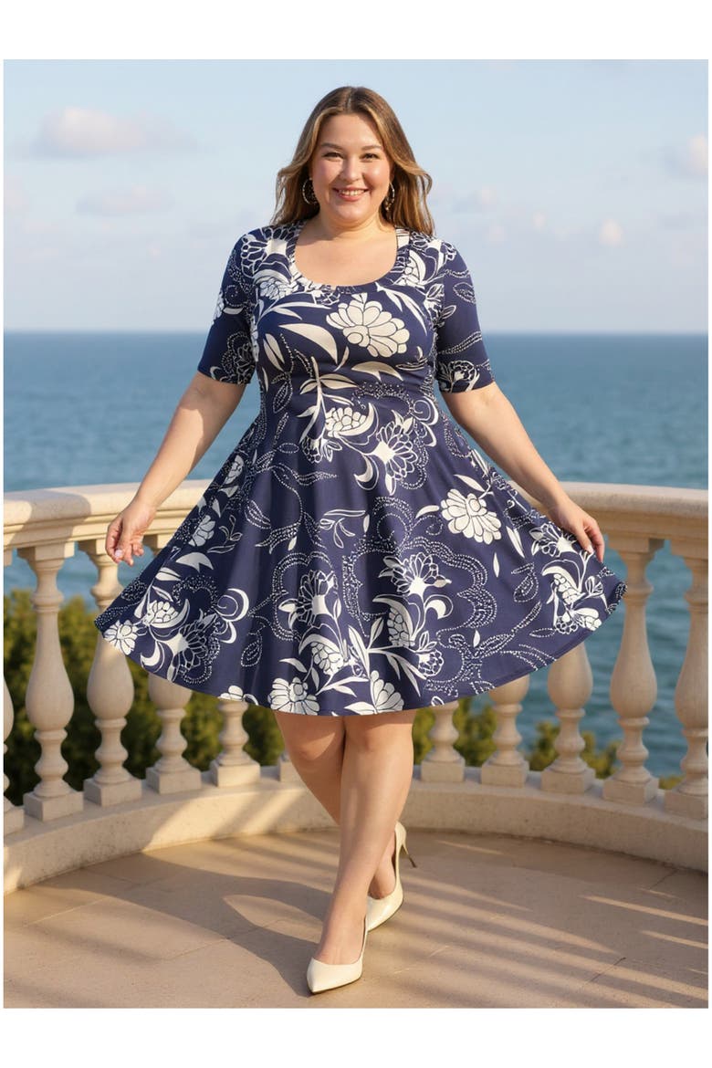 Plus Size Floral Scoop Neck Elbow Sleeve Knee Length A-Line Dress, Alternate, color, Navy Multi