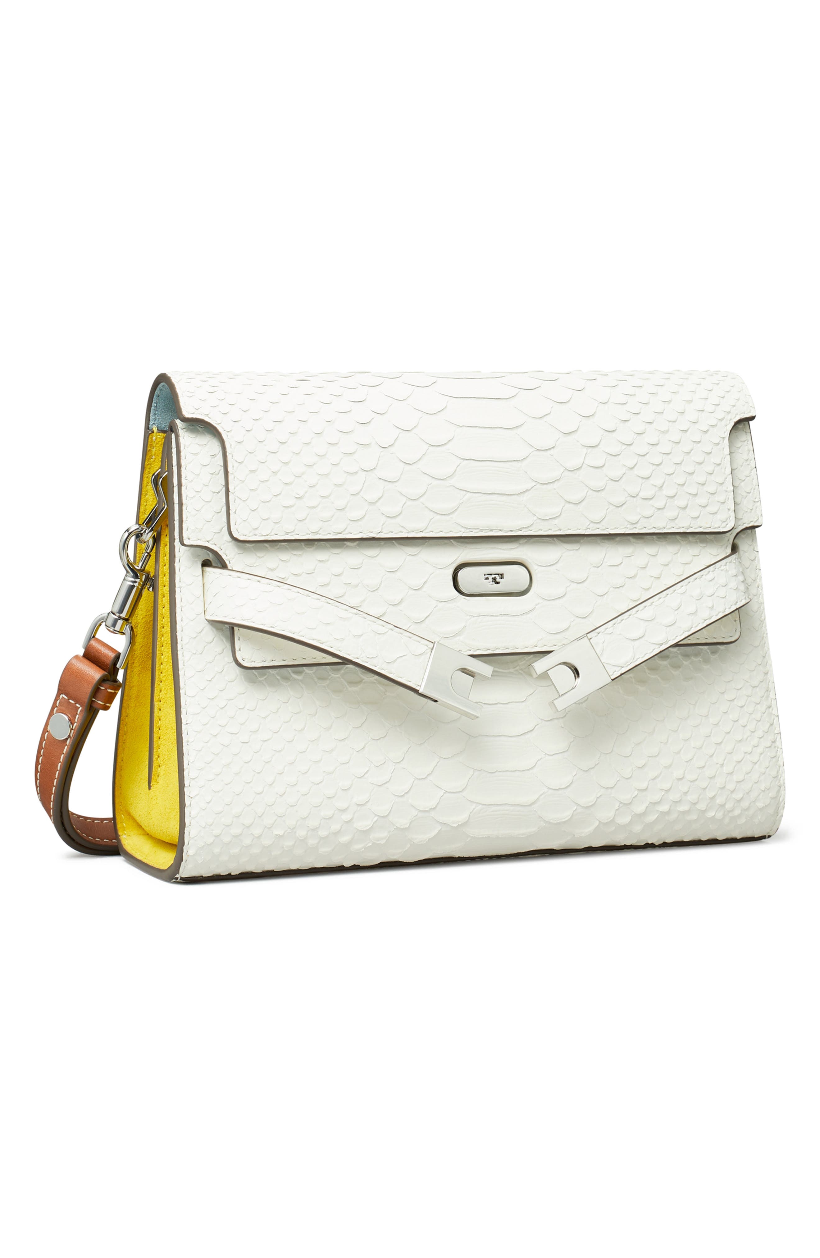 Tory Burch Lee Radziwill Snake Embossed Leather Shoulder Bag, Alternate, color, Blanc