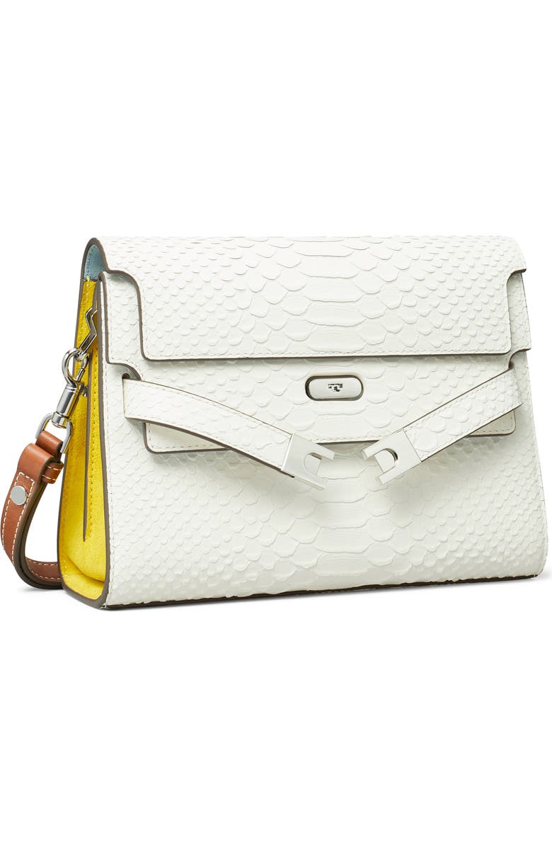 Tory Burch Lee Radziwill Snake Embossed Leather Shoulder Bag, Alternate, color, Blanc