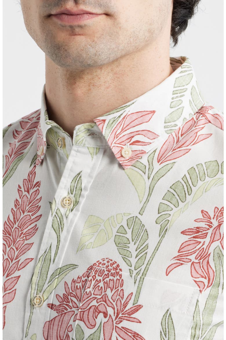 Ginger Burst Short Sleeve Button-Down Cotton Blend Sport Shirt, Alternate, color, WHITE
