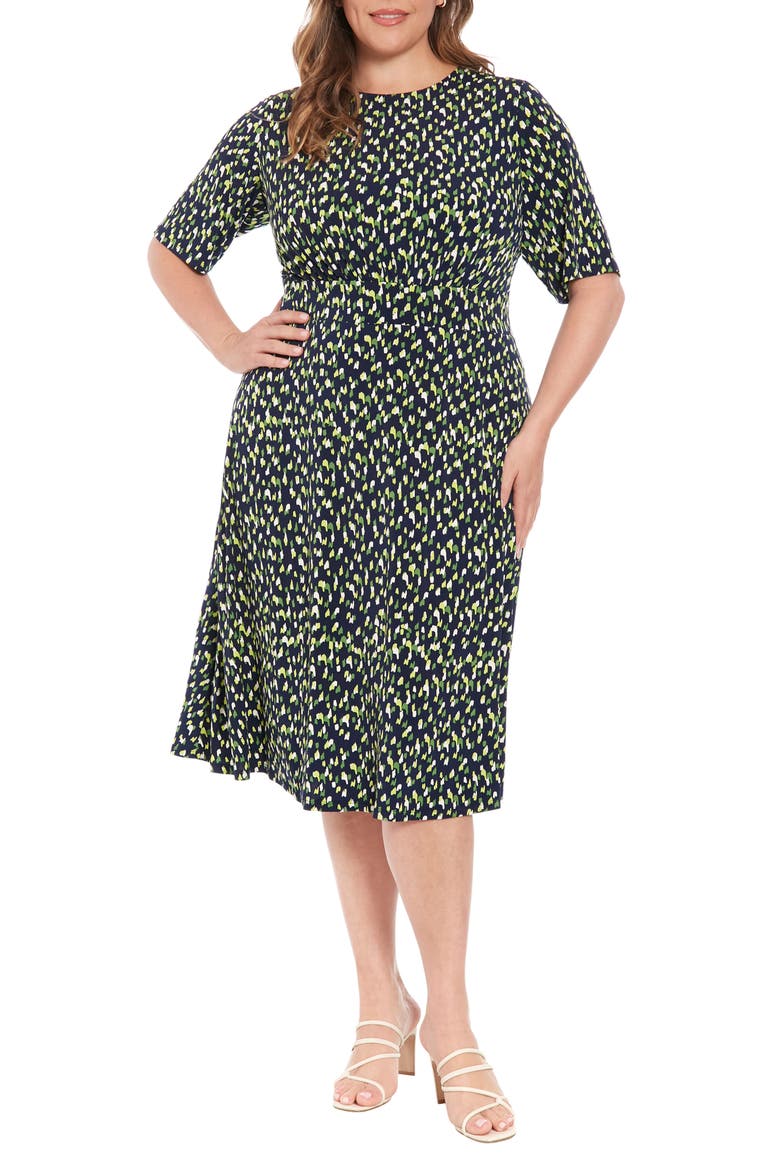 Elbow Sleeve Fit & Flare Midi Dress, Main, color, NAVY/ GREEN