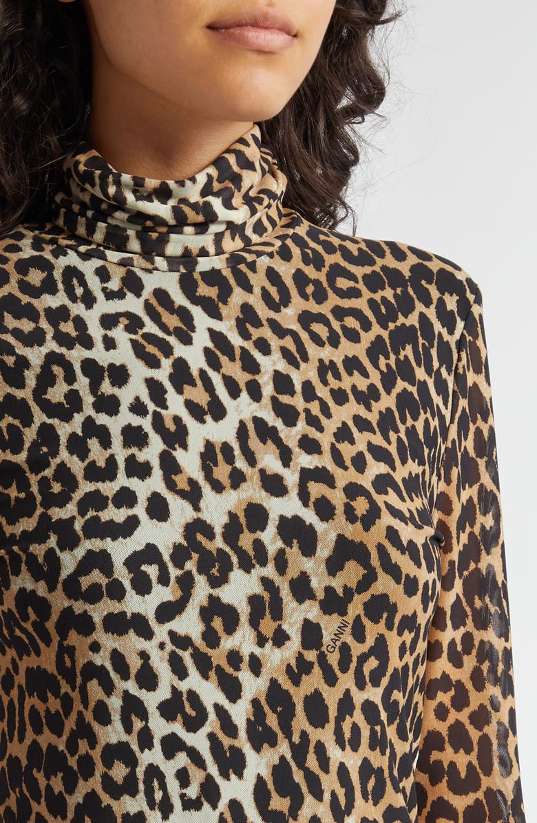 Ganni Animal Print Turtleneck Top, Alternate, color, Leopard