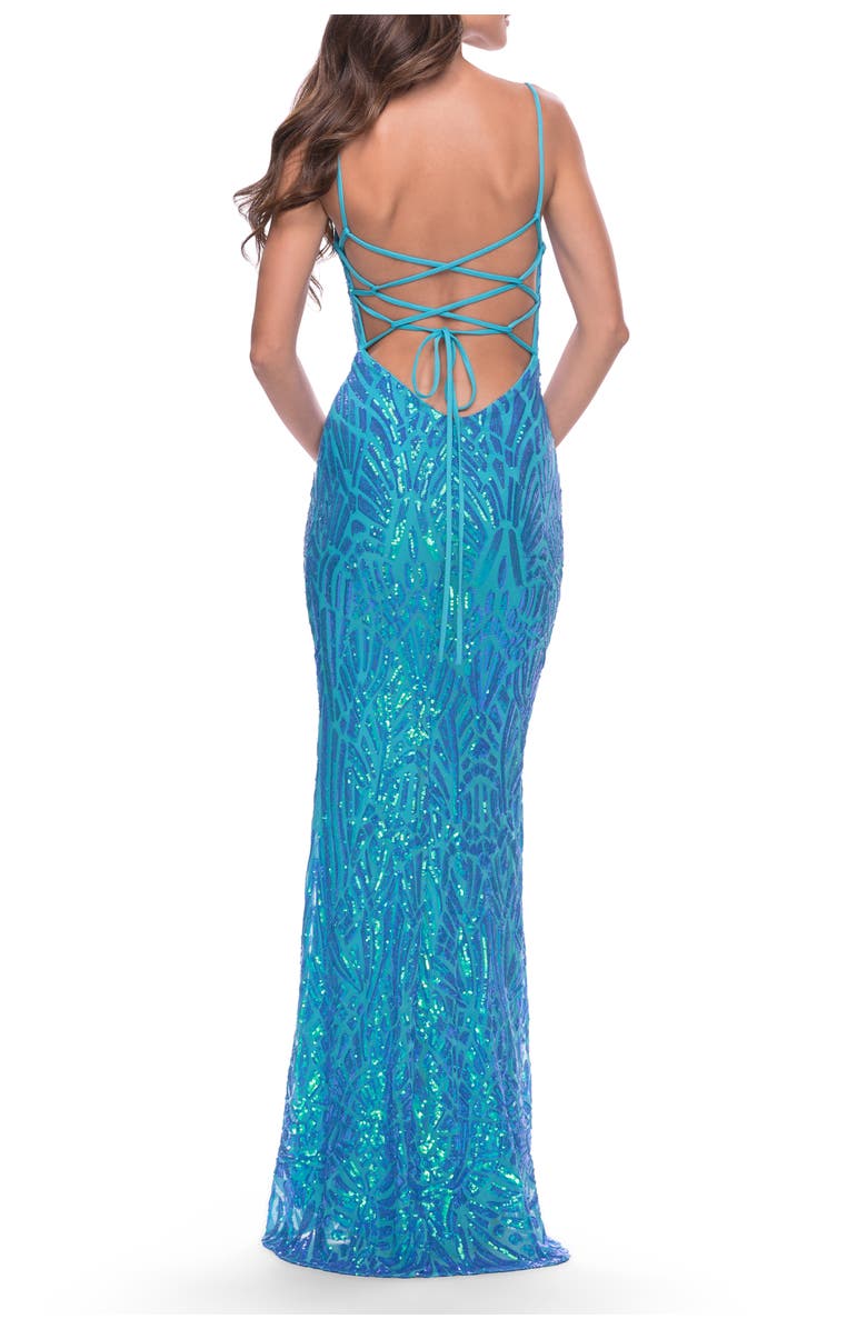 La Femme Gorgeous Print Sequin Dress with Lace Up Back, Alternate, color, Aqua