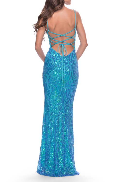 La Femme Gorgeous Print Sequin Dress With Lace Up Back In Aqua