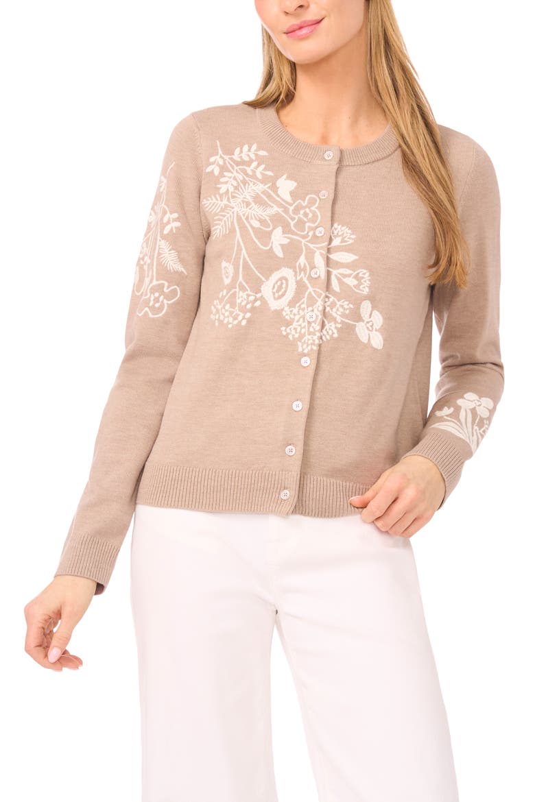 Embroidered Floral Button Front Cardigan, Main, color, SOFT TAUPE