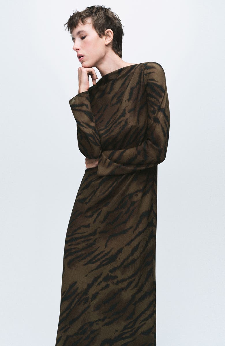 MANGO Satin Animal Print Midi Dress, Alternate, color, Brown